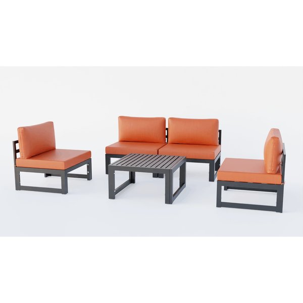 Leisuremod Chelsea 5-Piece Middle Patio Chairs and Coffee Table Set Black Aluminum With Orange Cushions CSTBL-4OR